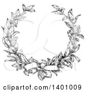 Clipart Of A Black And White Vintage Laurel Wreath And Bow Royalty Free Vector Illustration by BestVector #COLLC1401009-0144