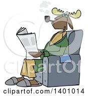 Poster, Art Print Of Cartoon Moose Smoking A Pipe And Reading A Newspaper In A Chair