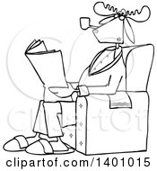 Poster, Art Print Of Cartoon Black And White Lineart Moose Smoking A Pipe And Reading A Newspaper In A Chair