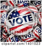 Clipart Of A Background Of 3d American Flag Political VOTE Button Pins In A Box With A Big One On Top Royalty Free Illustration
