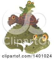 Cute Frog Resting On A Tortoise O Top Of An Alligator