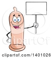 Cartoon Happy Condom Mascot Character Holding Up A Blank Sign