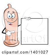 Cartoon Happy Condom Mascot Character Pointing To A Blank Sign