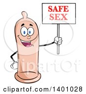Cartoon Happy Condom Mascot Character Holding Up A Safe Sex Sign