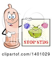 Cartoon Happy Condom Mascot Character Holding A Stop Stds Sign