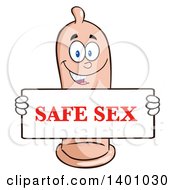 Cartoon Happy Condom Mascot Character Holding A Safe Sex Sign