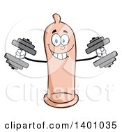 Cartoon Happy Condom Mascot Character Working Out With Dumbbells