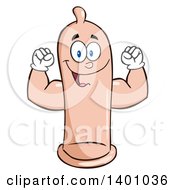 Cartoon Happy Condom Mascot Character Flexing His Muscles