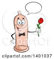 Cartoon Romantic Condom Mascot Character Talking And Holding A Rose