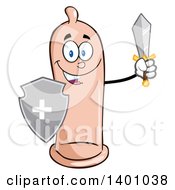 Clipart Of A Cartoon Happy Condom Mascot Character Holding A Shield And Sword Royalty Free Vector Illustration