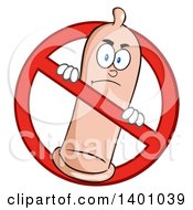 Cartoon Mad Condom Mascot Character In A Prohibited