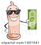 Cartoon Happy Condom Mascot Character Wearing Sunglasses And Holding Cash Money