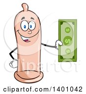 Cartoon Happy Condom Mascot Character Holding Cash Money
