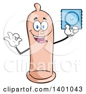 Cartoon Happy Condom Mascot Character Holding Up A Pack