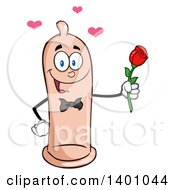 Cartoon Romantic Condom Mascot Character Holding A Rose