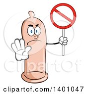 Cartoon Mad Condom Mascot Character Holding A Prohibited Sign