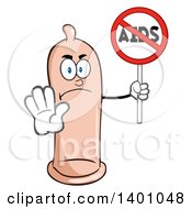 Cartoon Mad Condom Mascot Character Holding A No Aids Sign
