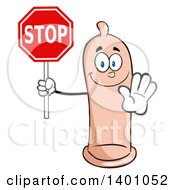 Cartoon Happy Condom Mascot Character Holding A Stop Sign