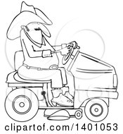 Clipart Of A Lineart Chubby Cowboy Riding A Red Lawn Mower Royalty Free Vector Illustration by djart