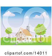 Chalet House With A White Picket Fence Between Two Apple Trees In The Spring Clipart Illustration