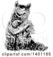 Clipart Of A Black And White Cool Bear Sitting Royalty Free Vector Illustration