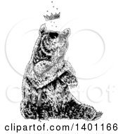 Poster, Art Print Of Black And White Cool Bear Sitting With A Crown