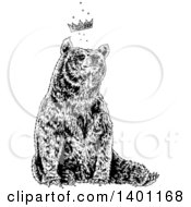 Clipart Of A Black And White Bear Sitting With A Crown Royalty Free Vector Illustration