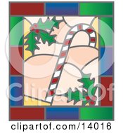 Christmas Stained Glass Window Of A Candy Cane And Holly Clipart Illustration