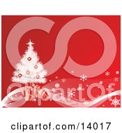 Gifts Tucked Under A Snow Flocked Christmas Tree On A Red Background Of Snowflakes Clipart Illustration