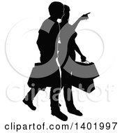 Clipart Of A Silhouetted Black And White Couple Shopping And Carrying Bags Royalty Free Vector Illustration