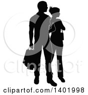 Clipart Of A Silhouetted Black And White Couple Shopping And Carrying Bags Royalty Free Vector Illustration