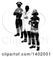 Faceless Black And White Male Doctor Police Man And Fire Fighter Standing With Folded Arms
