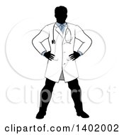 Clipart Of A Faceless Silhouetted Male Doctor Wearing A Lab Coat Standing With Hands On His Hips Royalty Free Vector Illustration