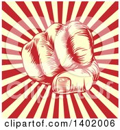 Poster, Art Print Of Retro Woodcut Or Engraved Revolutionary Fist Over Beige And Red Rays