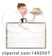 Cartoon Caucasian Male Waiter With A Curling Mustache Holding A Kebab Sandwich On A Tray Pointing Down Over A Blank Sign