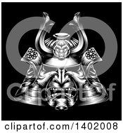 Clipart Of A White Woodcut Or Engraved Samurai Mask On Black Royalty Free Vector Illustration by AtStockIllustration