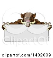 Cartoon Muscular Brown Razorback Boar Mascot Holding A Blank Sign