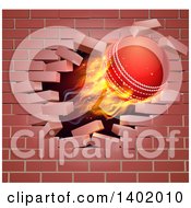 3d Flying And Blazing Cricket Ball Breaking Through A Brick Wall