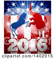 Clipart Of A Silhouetted Political Aggressive Democratic Donkey Or Horse And Republican Elephant Fighting Over A 2016 American Flag And Burst Royalty Free Vector Illustration