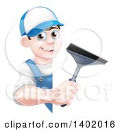 Happy Young Brunette Caucasian Window Cleaner Man In Blue Holding A Squeegee Around A Sign