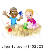 Poster, Art Print Of Happy White Girl And Black Boy Playing And Making A Sand Castle