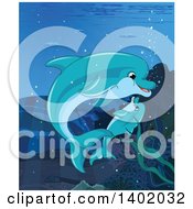 Poster, Art Print Of Cute Baby Dolphin And Mother Swimming Underwater