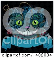 Cheshire Cat Alicen In Wonderland Face Over Cards Rose Clock And Tea Cup With A Blank Banner On Black