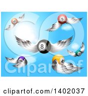 Clipart Of 3d Flying Winged Bingo Balls And An Eight Ball Against A Blue Sky Royalty Free Vector Illustration