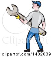 Clipart Of A Retro Cartoon White Handy Man Or Mechanic Holding A Spanner Wrench Royalty Free Vector Illustration