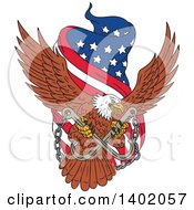 Poster, Art Print Of Sketched Bald Eagle Flying With A Towing J Hook And An American Flag Banner