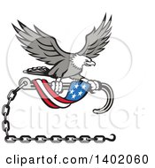 Poster, Art Print Of Retro Grayscale Bald Eagle Flying With A Towing J Hook And An American Flag Banner