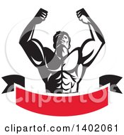 Poster, Art Print Of Retro Black And White Strong Male Bodybuilder Holding His Arms Up And Flexing Over A Red Banner