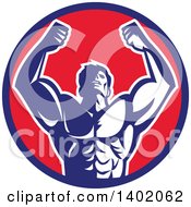 Poster, Art Print Of Retro Strong Male Bodybuilder Holding His Arms Up And Flexing In A Blue Red And White Circle