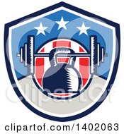 Clipart Of A Retro Woodcut Kettlebell Hanging On A Barbell In An American Shield Royalty Free Vector Illustration